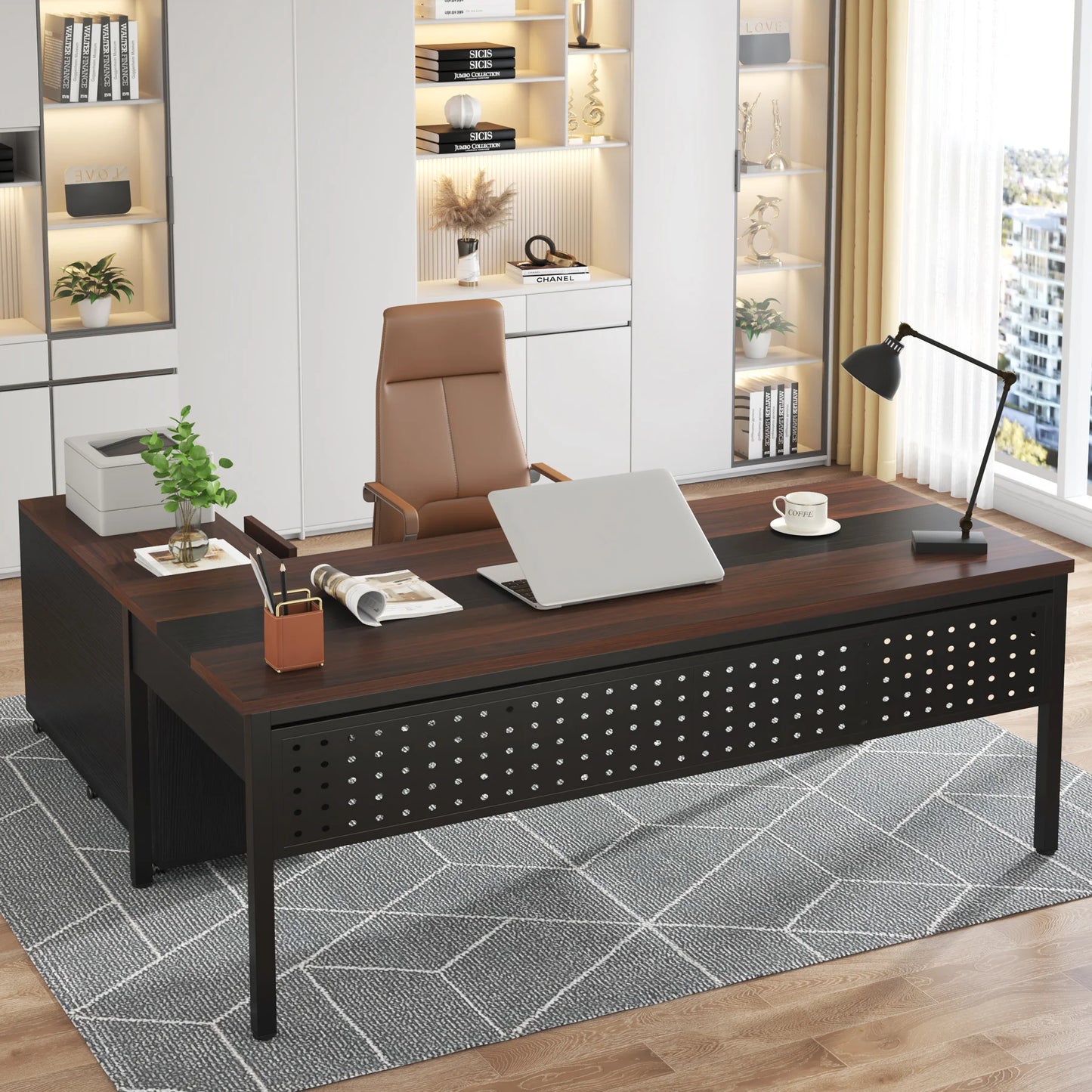 MonoWood 70.8" Large Executive Office Desk and 47" Lateral File Cabinet Combo, L-Shaped Computer Desk 2 Piece Business desk