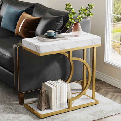 MonoWood Narrow Side Table White Gold Side Table C Shaped End Table Modern Bedside Table Small Side Table for Couch