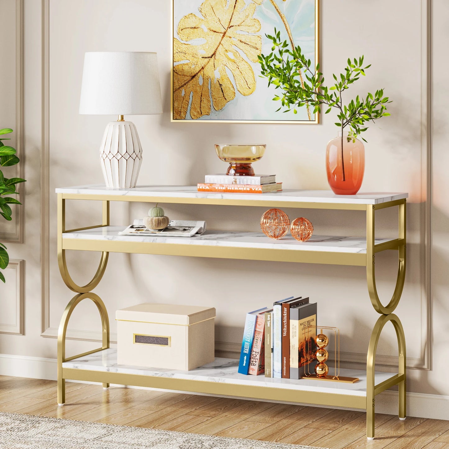 MonoWood 3-Tier Console Table, 55 inch Sofa Table with Open Storage Shelves, Narrow Long Hallway/Entryway Table