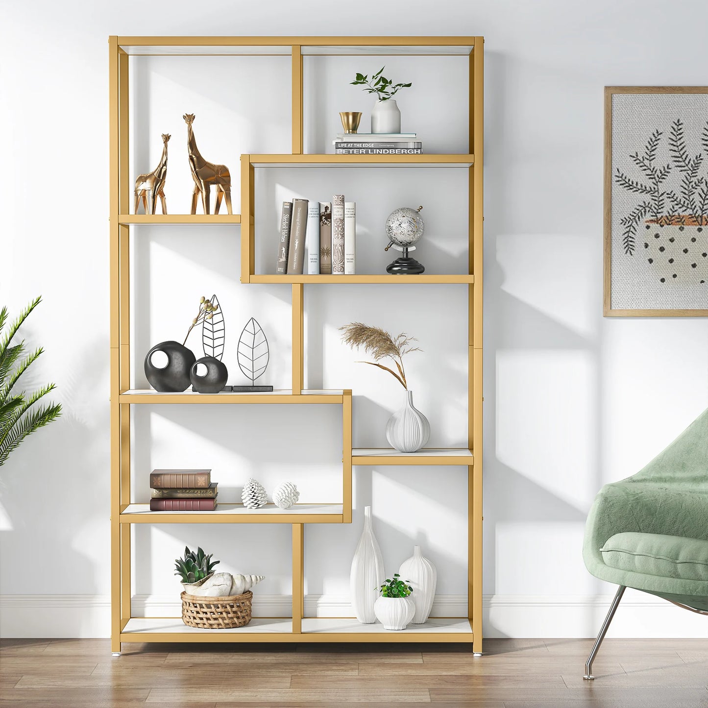 MonoWood Bookshelf 5 Tier Etagere Bookcase, Modern Gold Book Shelf Organizer Display Rack with 8 Open Storage Shelf
