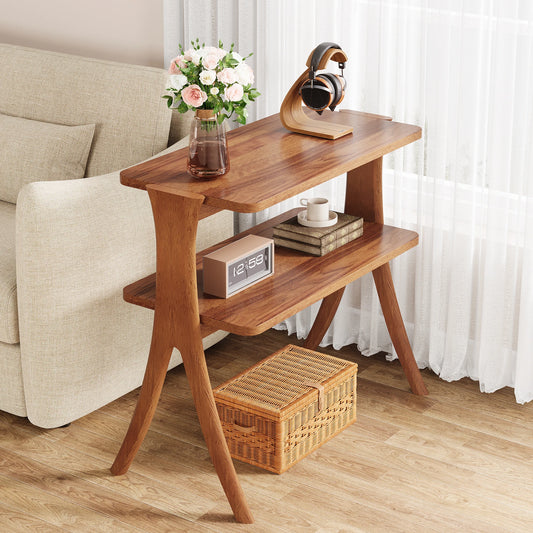 MonoWood Walnut Side Table for Living Room, Narrow End Table with 2-Tier Storage Shelf and Solid Wood Legs, Slim Bedside Table