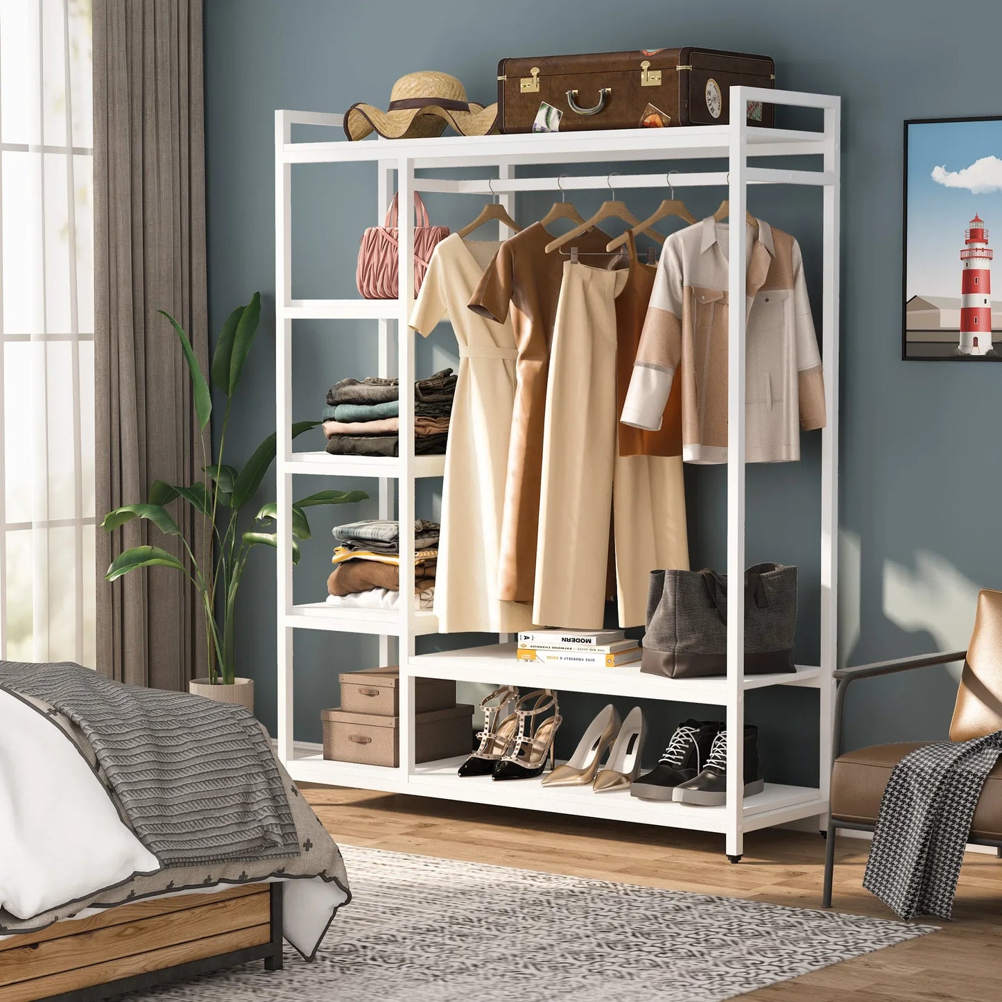 MonoWood Free-standing Closet Organizer, Heavy Duty Clothes Closet, Portable Garment Rack with 6-tier Shelves and Hanging rod