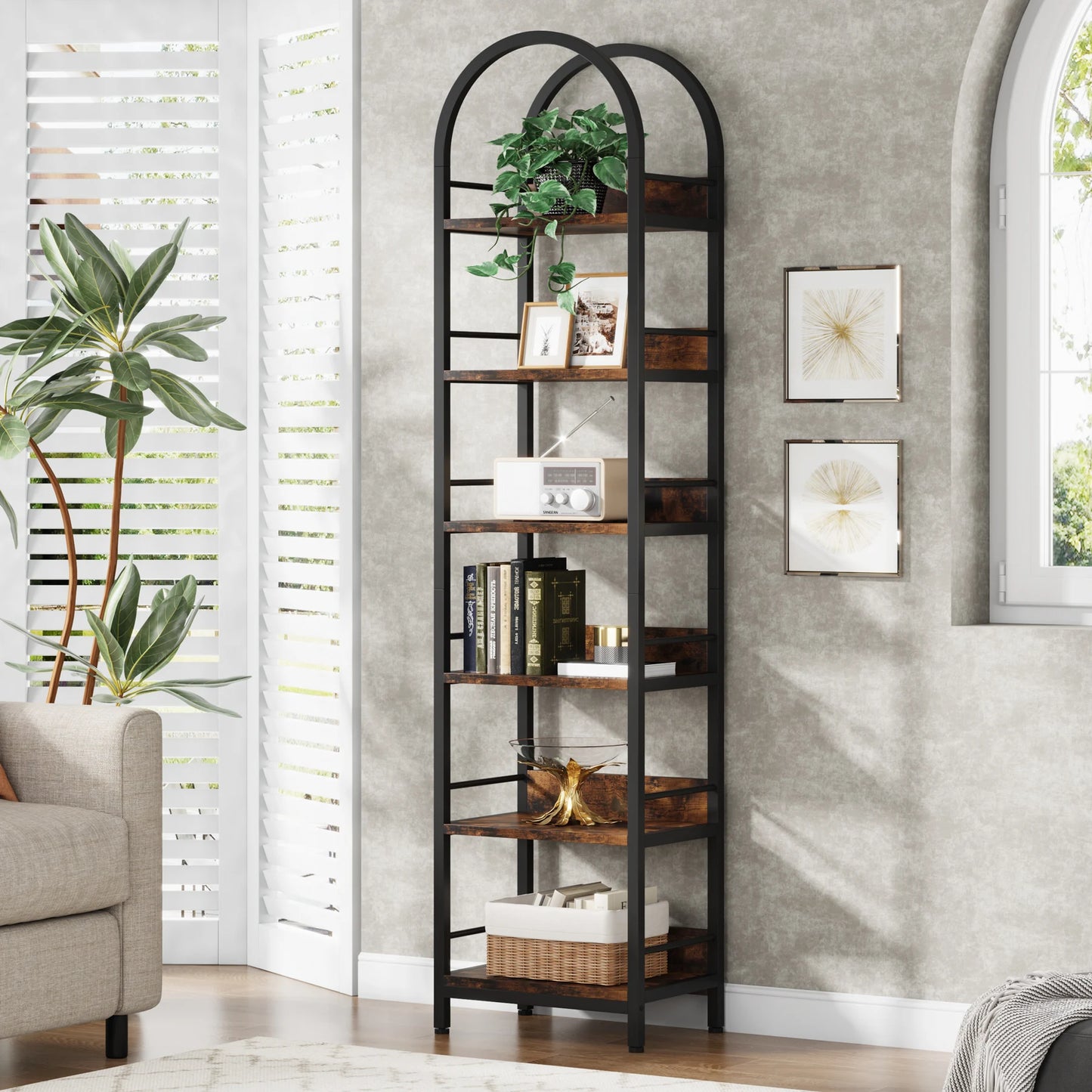 MonoWood 6-Tier Open Bookshelf, 78.7" Tall Arched Bookcase Narrow Bookshelf, Freestanding Corner Bookcase Display Shelves