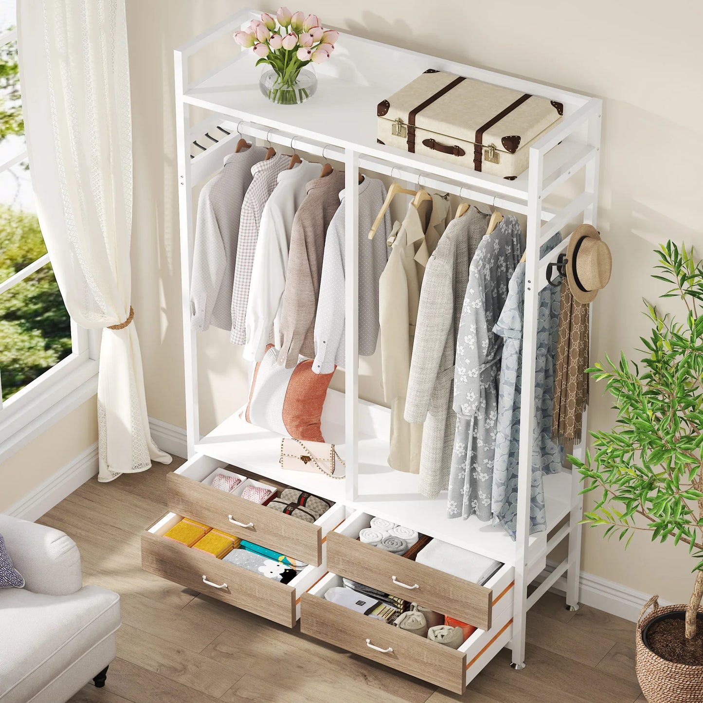 MonoWood Freestanding Closet Organizer for Hanging Clothes, Heavy Duty Garment Rack with Drawers, 8 Hooks and Storage Shelves