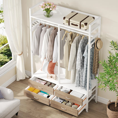 MonoWood Freestanding Closet Organizer for Hanging Clothes, Heavy Duty Garment Rack with Drawers, 8 Hooks and Storage Shelves