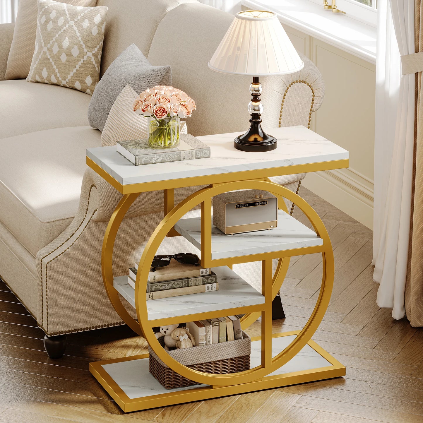 MonoWood End Table for Living Room, 4-Tier Narrow Side Table with Storage Shelves, Industrial Bedside Table for Bedroom