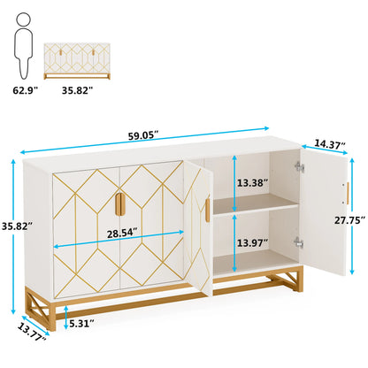 MonoWood 59" White Gold Buffet Cabinet with Storage Kitchen Sideboard Storage Cabinet