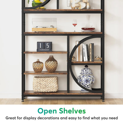 MonoWood 8 Tier Industrial Bookshelf, 77-Inch Tall Open Etagere Bookcase with Metal Frame for Living Room, Home Office