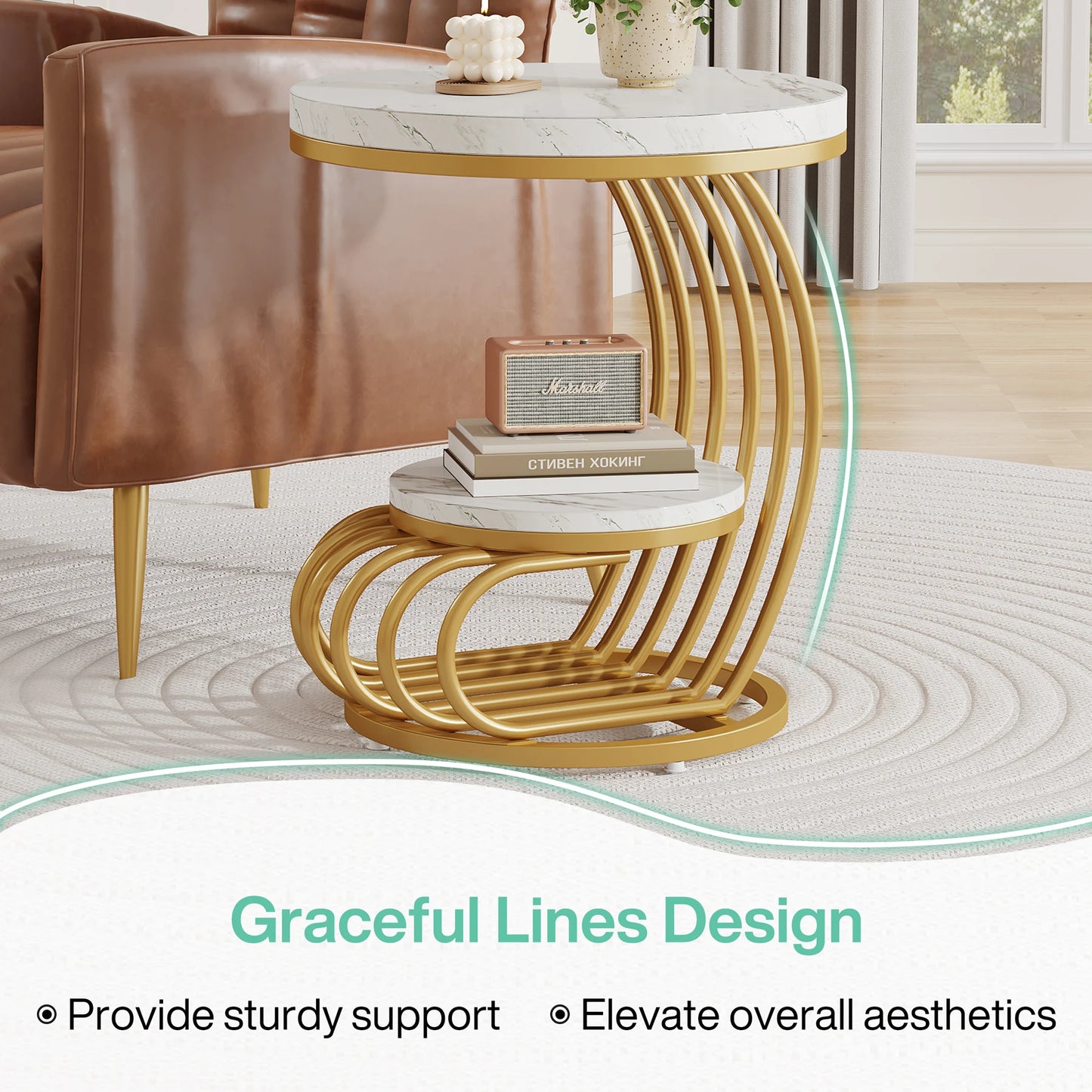 MonoWood Gold Round End Table: 2 Tiers Faux Marble Side Table with Storage Shelf, Modern White Gold Bedside Nightstand