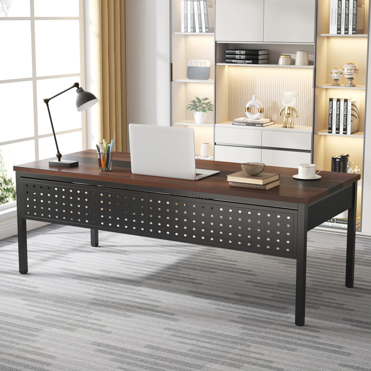 MonoWood 70.8" Large Executive Office Desk and 47" Lateral File Cabinet Combo, L-Shaped Computer Desk 2 Piece Business desk