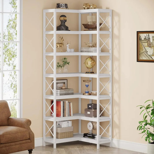 MonoWood WAY TO ORIGIN 7 Shelf Corner Bookcase, Industrial Corner Bookshelf, 7-Tier Tall Corner Shelf Storage Display Rack