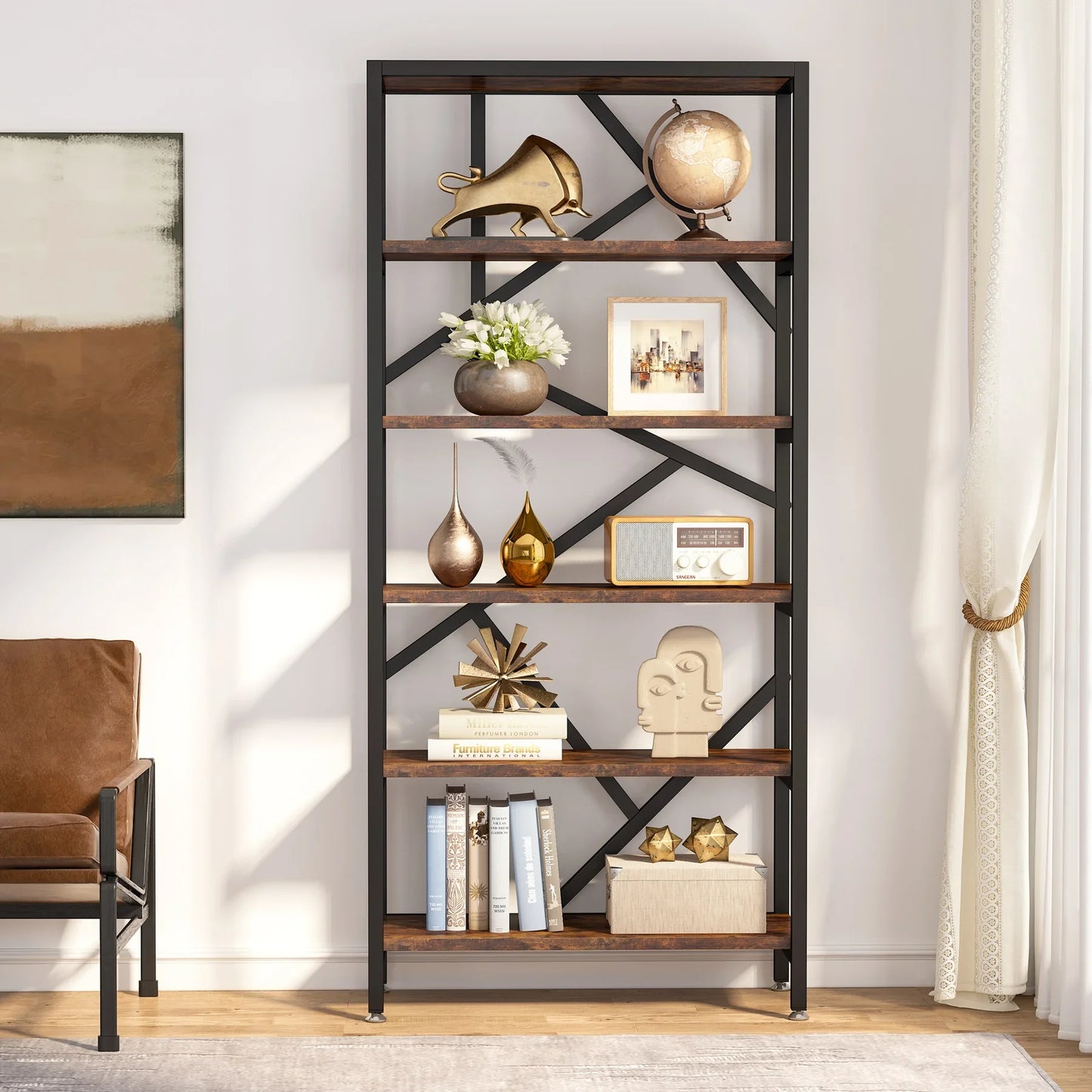 MonoWood 71 Inch High Quality Shelving Units Organizer Rack Industrial Wood Open Bookshelf