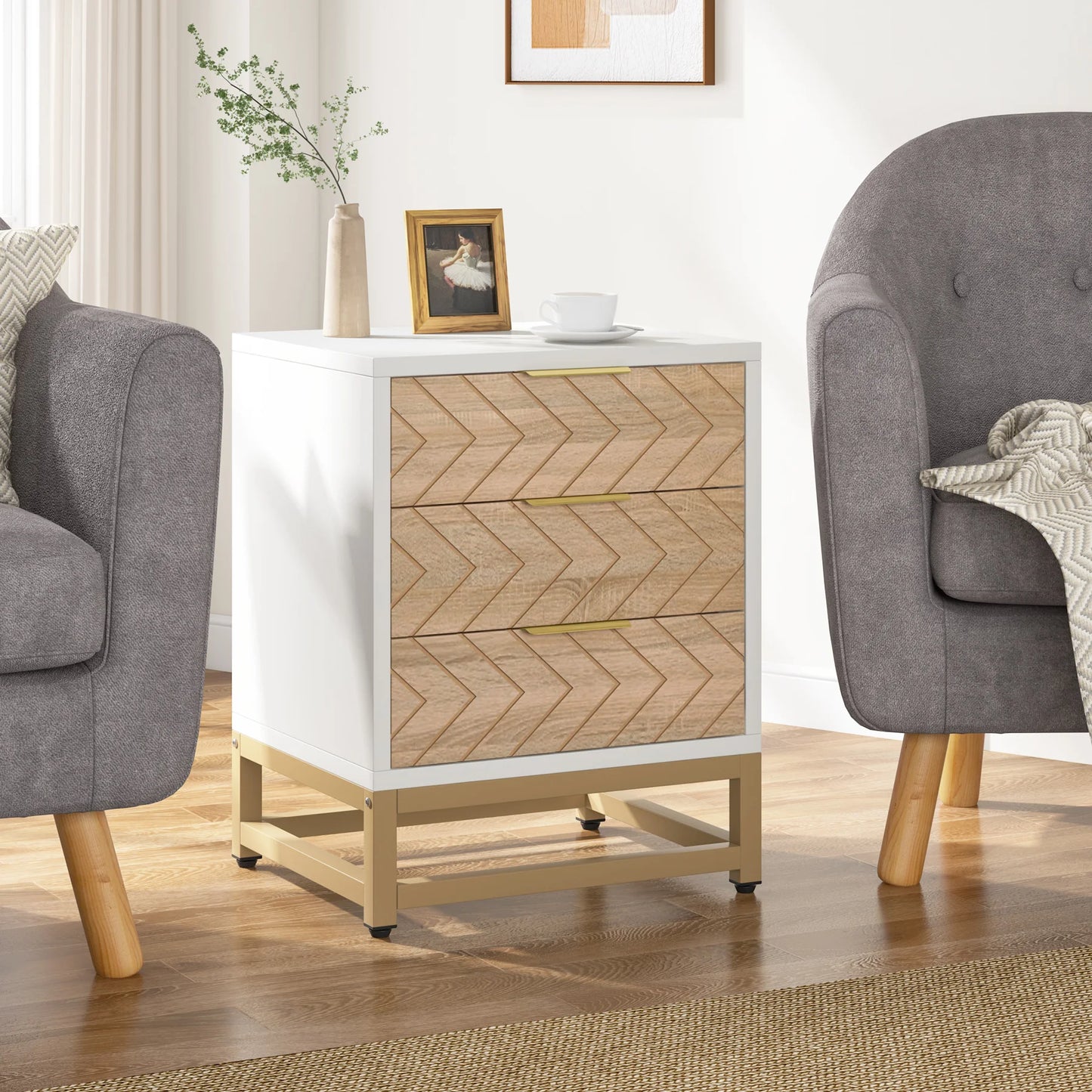 MonoWood 3 Drawers Nightstand Set of 2, Modern Bedside Table with Unique Chevron Design, White End Side Table Night Stands