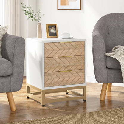 MonoWood 3 Drawers Nightstand Set of 2, Modern Bedside Table with Unique Chevron Design, White End Side Table Night Stands