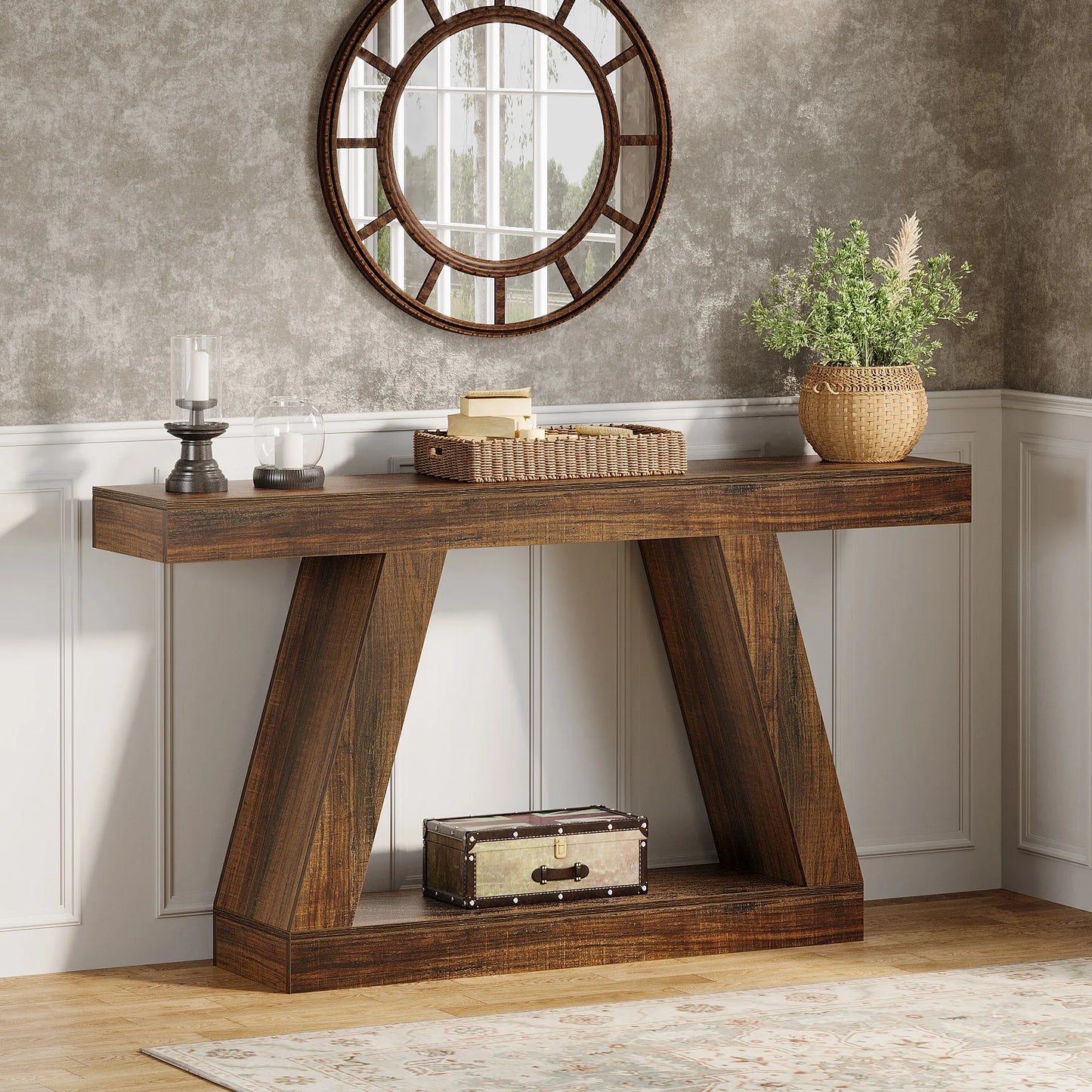 MonoWood 55-Inch Rustic Console Table with Storage Industrial Wooden Entryway Table for Hallway Living Room