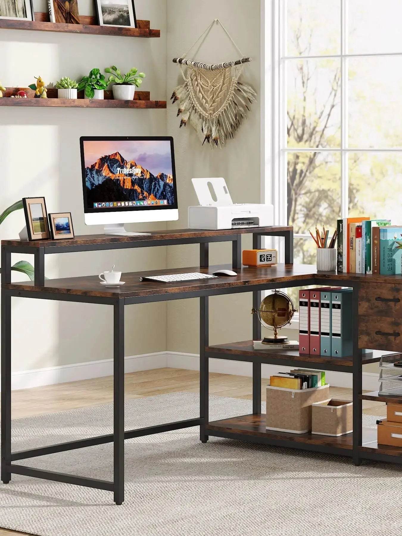 MonoWood Reversible L Shaped Desk with Drawer, Industrial Corner Desk Home Office Table with Shelves and Monitor Stand