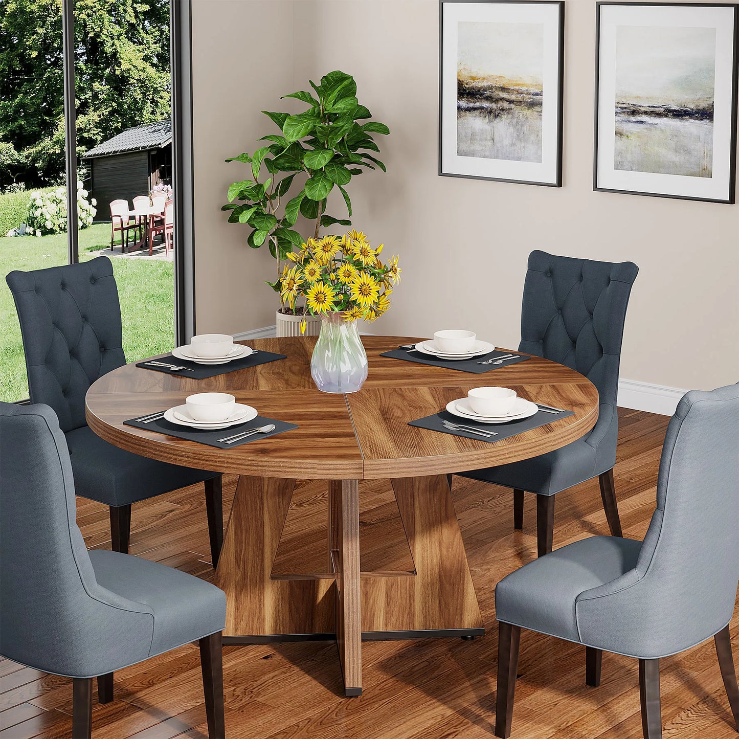 MonoWood Round Dining Table for 4, 47 Inch Farmhouse Kitchen Table Small Dinner Table Kitchen Dinning Table for Dining Room