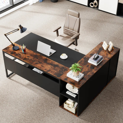 MonoWood 71 inch Executive Desk, L Shaped Desk with Cabinet Storage, Executive Office Desk with Shelves