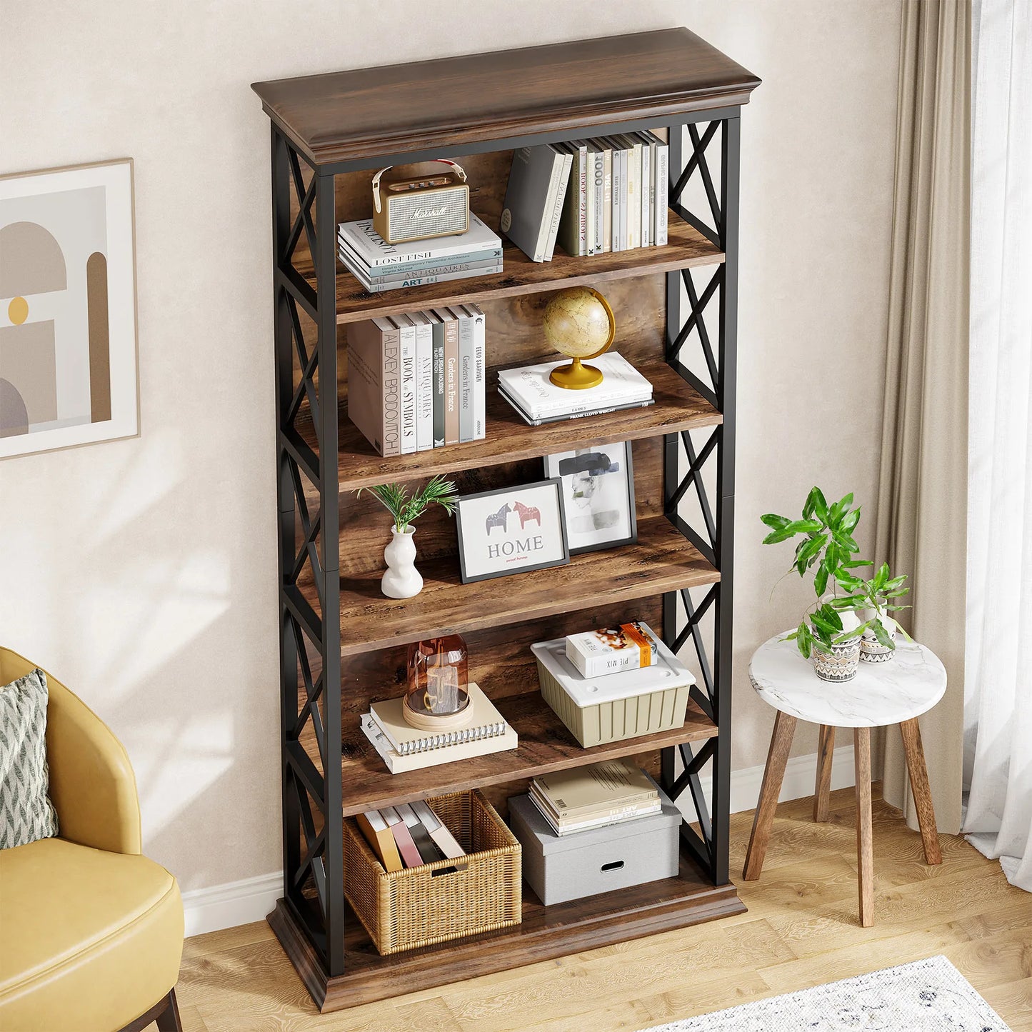 MonoWood 6-Tier Bookcase, 71 Inches Industrial Bookshelves and Bookcases, Floor Standing 5 Shelf Display Storage Shelves