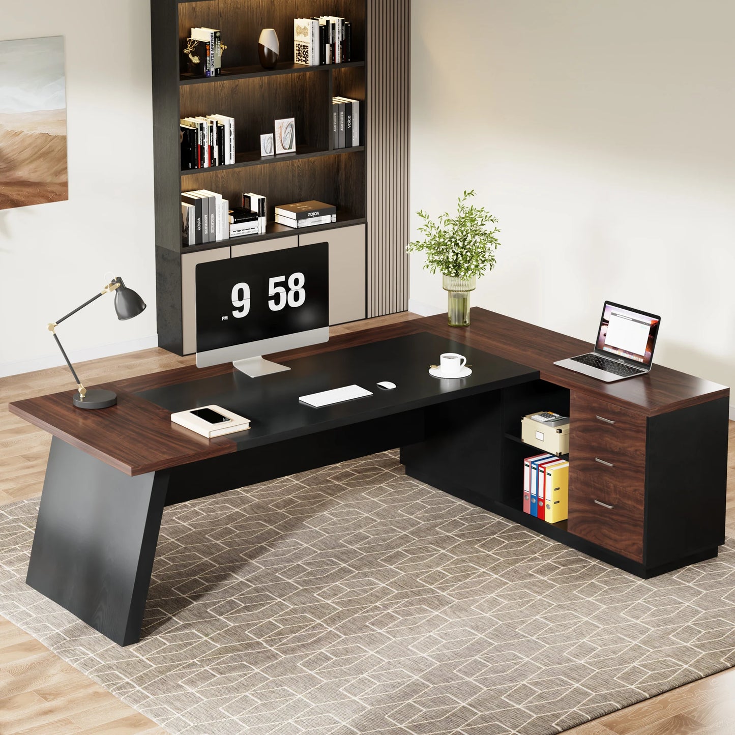 MonoWood 78" L-Shaped Executive Desk, Large Office Desk with Drawers and Lateral File Cabinet, Business Furniture with Storage
