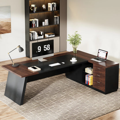 MonoWood 78" L-Shaped Executive Desk, Large Office Desk with Drawers and Lateral File Cabinet, Business Furniture with Storage