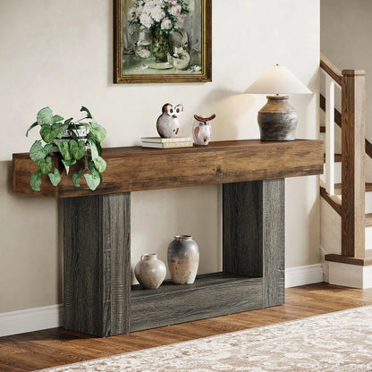 MonoWood 63" Console Table, Farmhouse 2-Tier Entryway Table with U-Shaped Base, Narrow Long Wood Sofa Table Behind Couch Table