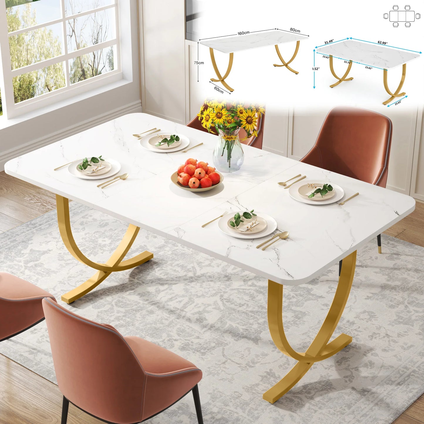 MonoWood 63-Inch Rectangular Dining Table for 4 to 6, Modern Kitchen Table with Faux Marble Table Top, White Dinner Tables