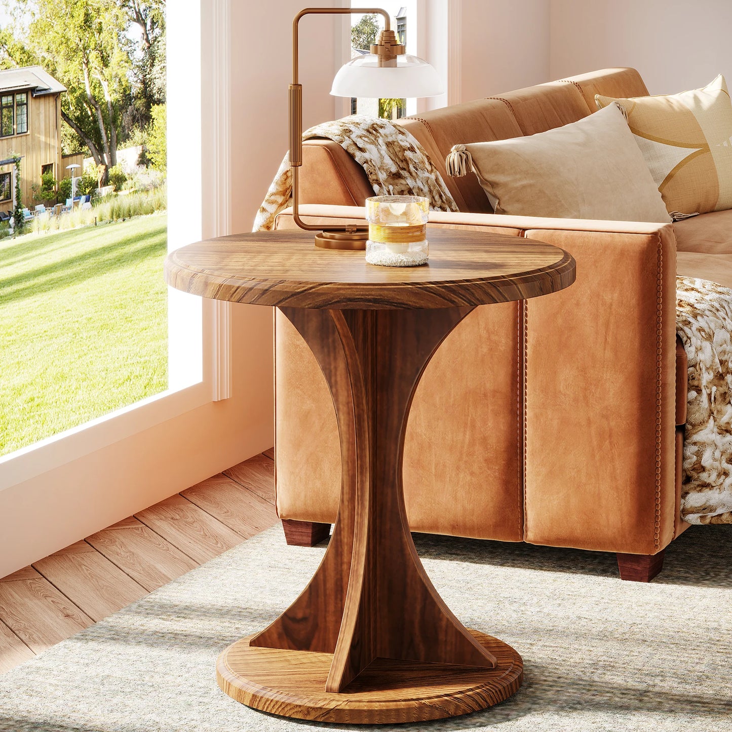 MonoWood Round End Side Table: Wood Small Sofa Chair Side Table for Living Room, Mid-Century Bedside Nightstand for Bedroom