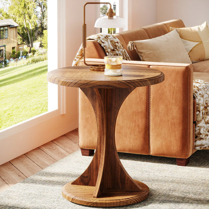 MonoWood Round End Side Table: Wood Small Sofa Chair Side Table for Living Room, Mid-Century Bedside Nightstand for Bedroom