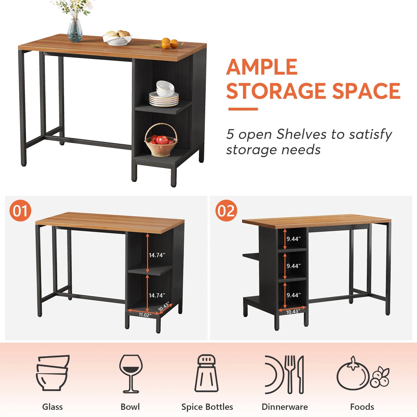MonoWood Kitchen Island with Shelves, 43 Inch Kitchen Shelf Kitchen Prep Table with 5 Open Storage Shelves and Large Worktop