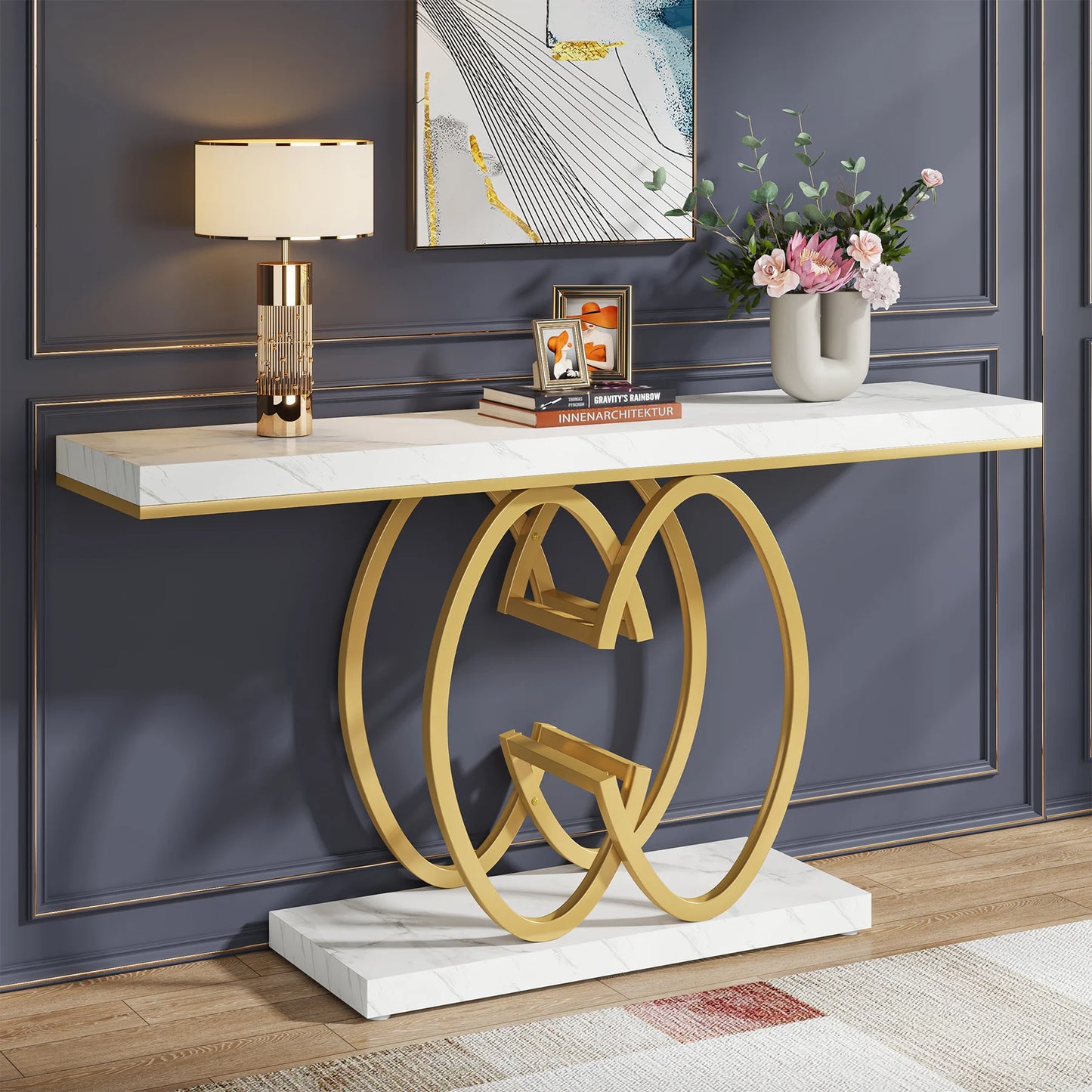 MonoWood 55 Inch Console Table for Hallway, Faux Marble Gold Entryway Table with Geometric Metal Base, Modern Sofa Table