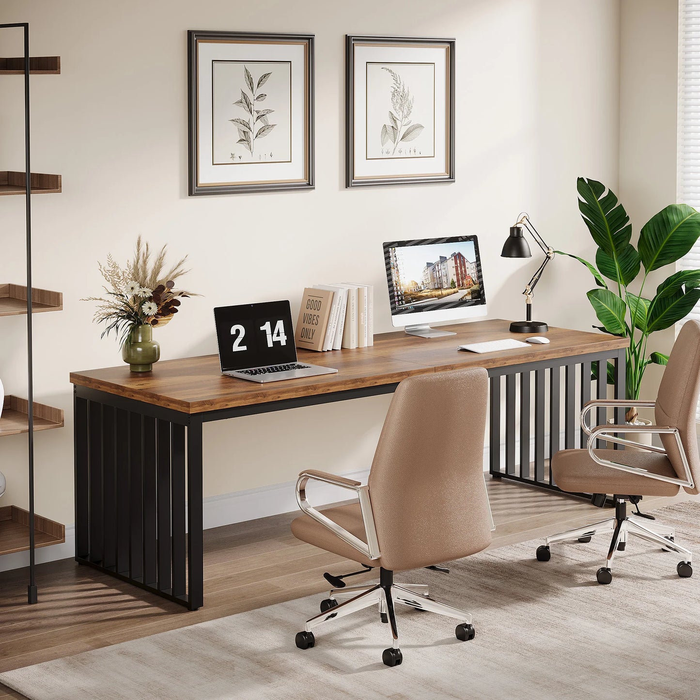 MonoWood 78''Modern Large Office Desk, 2-Person Computer Workstation, Industrial Wooden Desk with Metal Legs