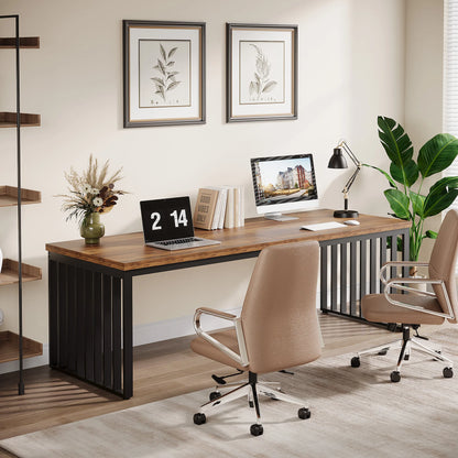 MonoWood 78''Modern Large Office Desk, 2-Person Computer Workstation, Industrial Wooden Desk with Metal Legs