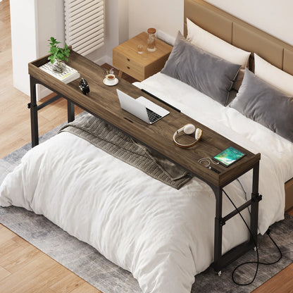 MonoWood Overbed Table with Wheels, Queen Size Over Bed Desk with Adjustable Tilt Stand, Mobile Laptop Cart Computer Desk