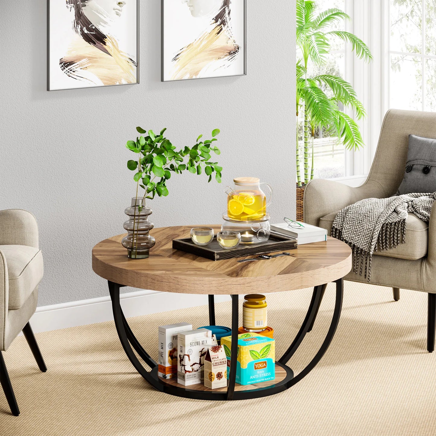 MonoWood 31.7" Round Coffee Table, Industrial 2-Tier Circle Coffee Table with Storage Shelves, Modern Wooden Sofa Side Table