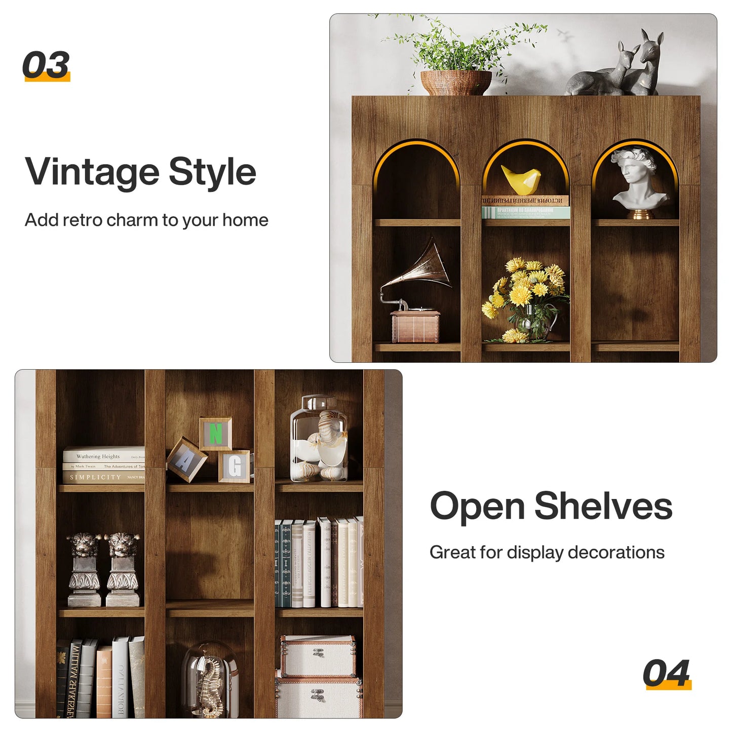 MonoWood70.87" Bookshelf, 5-Tier Arched Display Bookcase with Open Storage Shelves, Vintage Tall Bookshelves Organizer