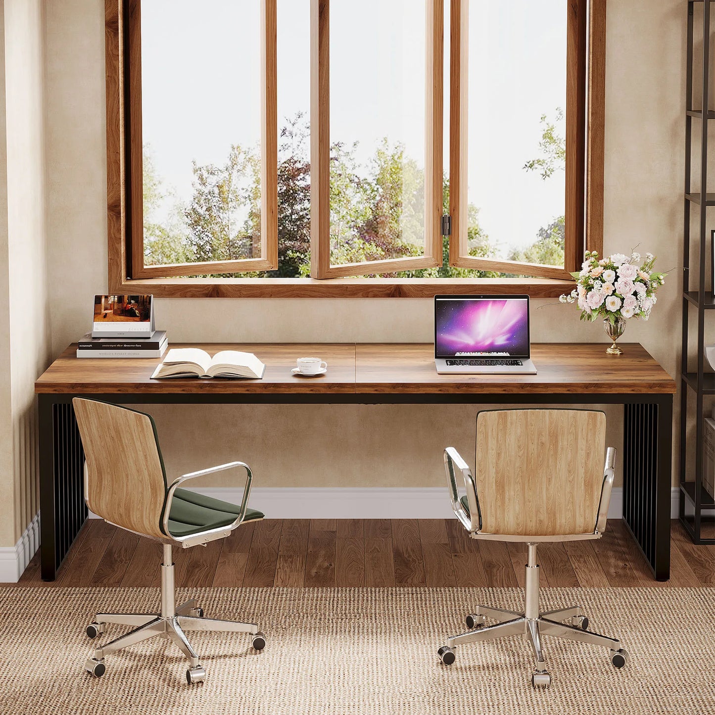 MonoWood 78''Modern Large Office Desk, 2-Person Computer Workstation, Industrial Wooden Desk with Metal Legs