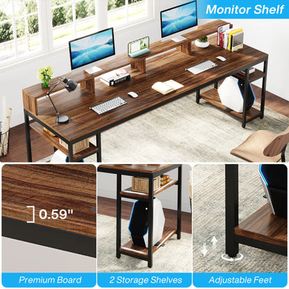 MonoWood 78.74 Inches Extra Long Two-Person Desk, Double Computer Desk with Monitor Stand and Storage Shelves, Work Table