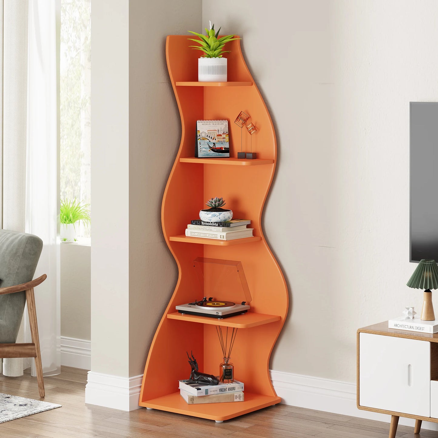 MonoWood 5-Tier Corner Shelf, Modern Wall Corner Bookshelf, Stylish Corner Small Bookcase Storage Rack Plant Stand