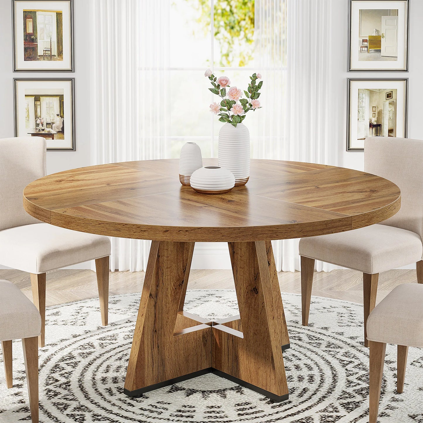 MonoWood Round Dining Table for 4, 47 Inch Farmhouse Kitchen Table Small Dinner Table Kitchen Dinning Table for Dining Room