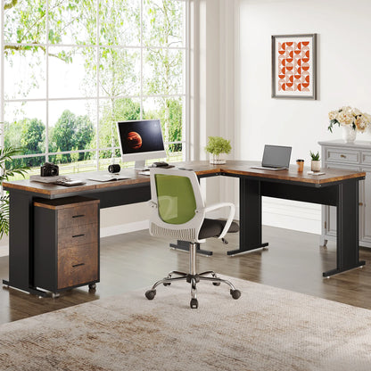 MonoWood L-Shaped Executive Desk, Large Office Desk with 3-Drawer File Cabinet, Industrial Corner Computer Table with Drawers
