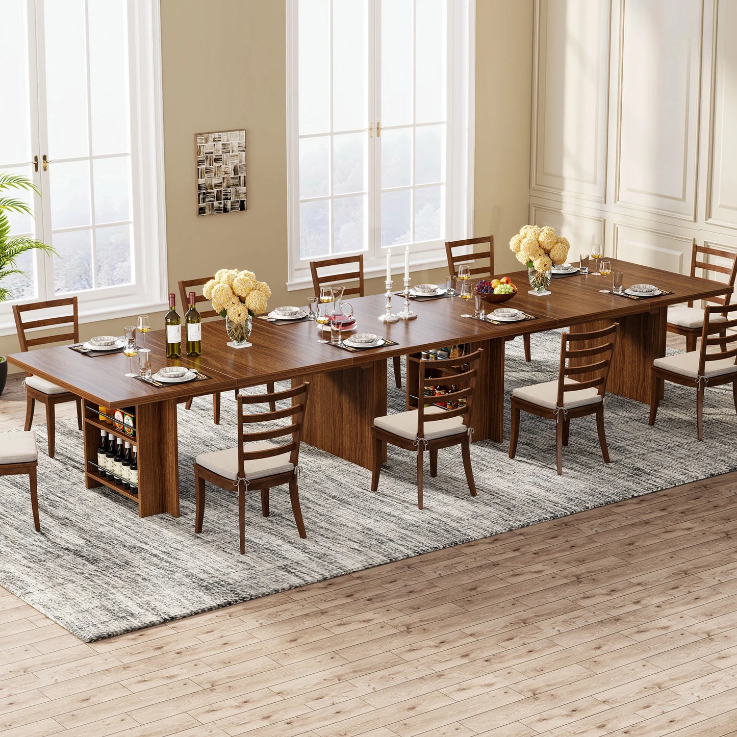 MonoWood Dining Table for 6 to 8, 63-Inch Rectangular Wooden Kitchen Table with Storage, Industrial Dinner Table with Shelves