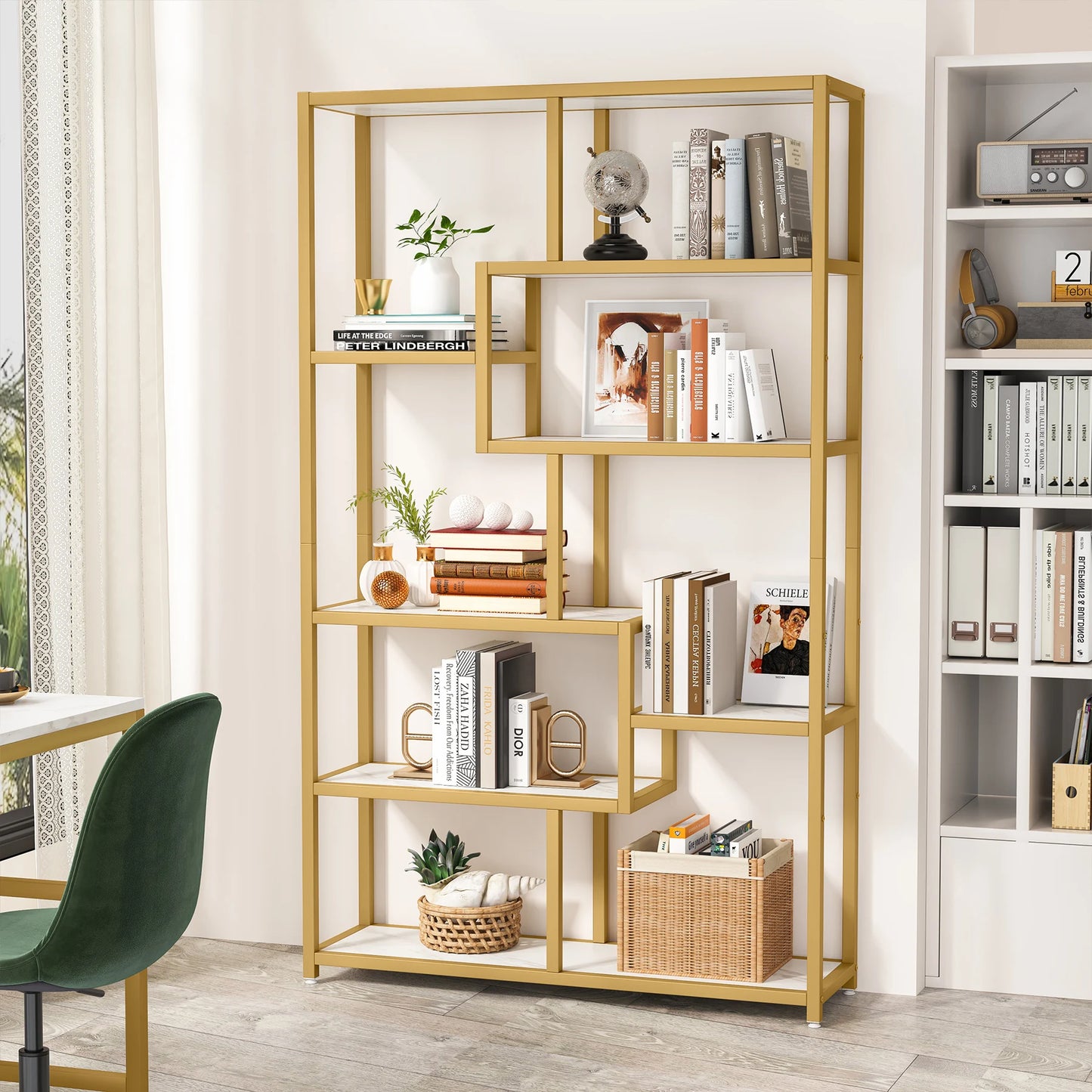 MonoWood Bookshelf 5 Tier Etagere Bookcase, Modern Gold Book Shelf Organizer Display Rack with 8 Open Storage Shelf