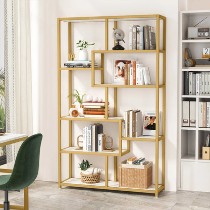 MonoWood Bookshelf 5 Tier Etagere Bookcase, Modern Gold Book Shelf Organizer Display Rack with 8 Open Storage Shelf