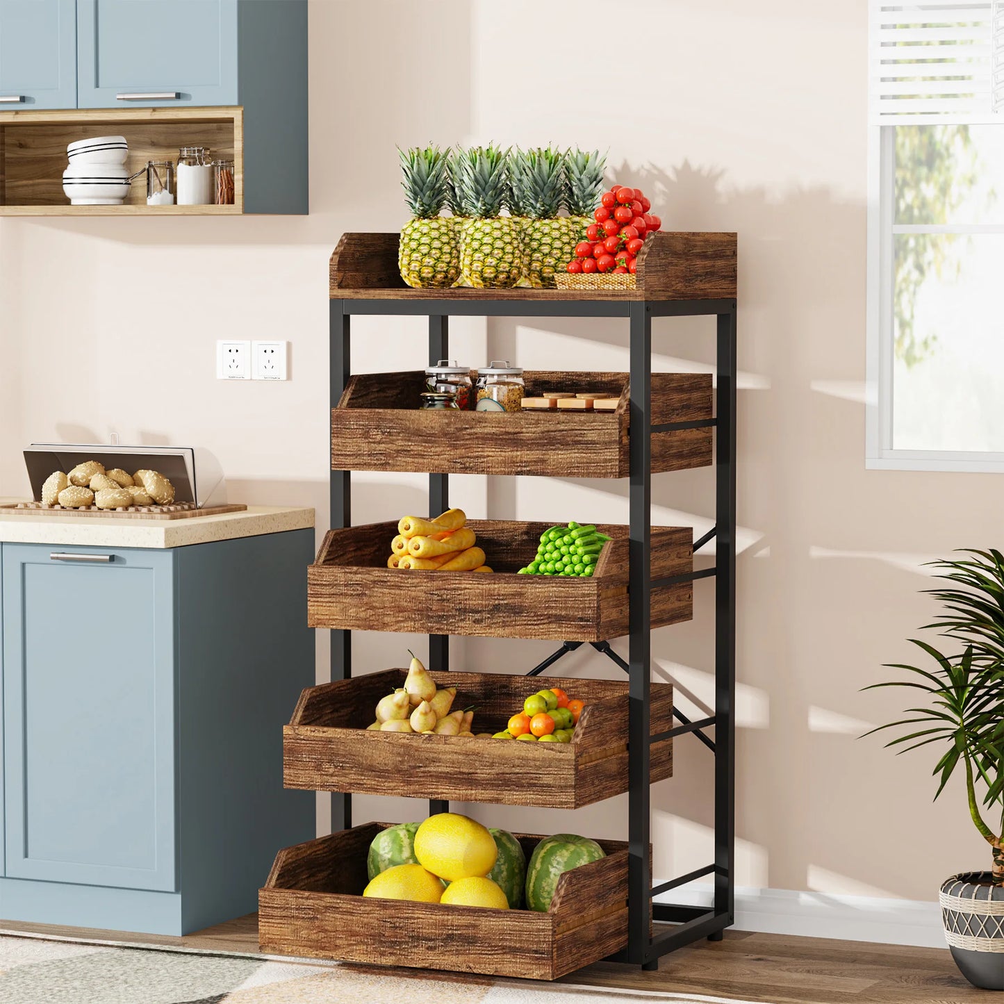 MonoWood Wood Fruit and Vegetable Storage Rack, 5-Tier Pull-Out Snack Stand Fruit Basket Stand, Utility Shelf Organizer