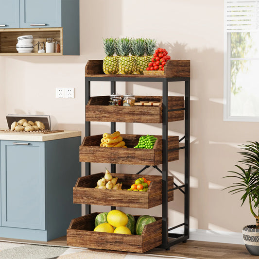 MonoWood Wood Fruit and Vegetable Storage Rack, 5-Tier Pull-Out Snack Stand Fruit Basket Stand, Utility Shelf Organizer