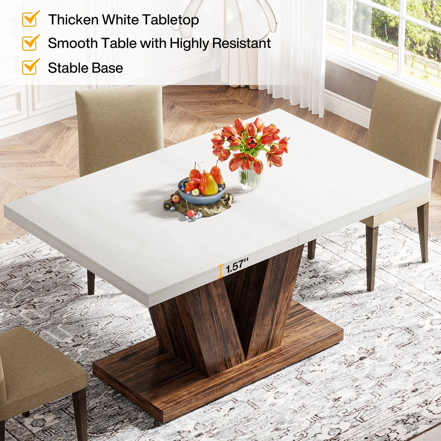 MonoWood 47-Inch Dining Table for 4, White Kitchen Dinner Table with Heavy Duty Pedestal, Farmhouse Wooden Eating Table