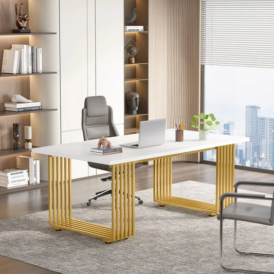 MonoWood Modern Office Desk, 70.9" Wooden Computer Desk,Executive Desk with Gold Metal Legs, Large Workstation Home Office