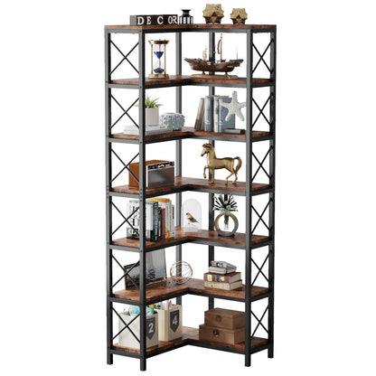 MonoWood 7-Shelf Corner Bookshelf,Large Modern Corner Bookcase, 7-Tier Tall Corner Shelf Storage Display Rack with Metal Frame