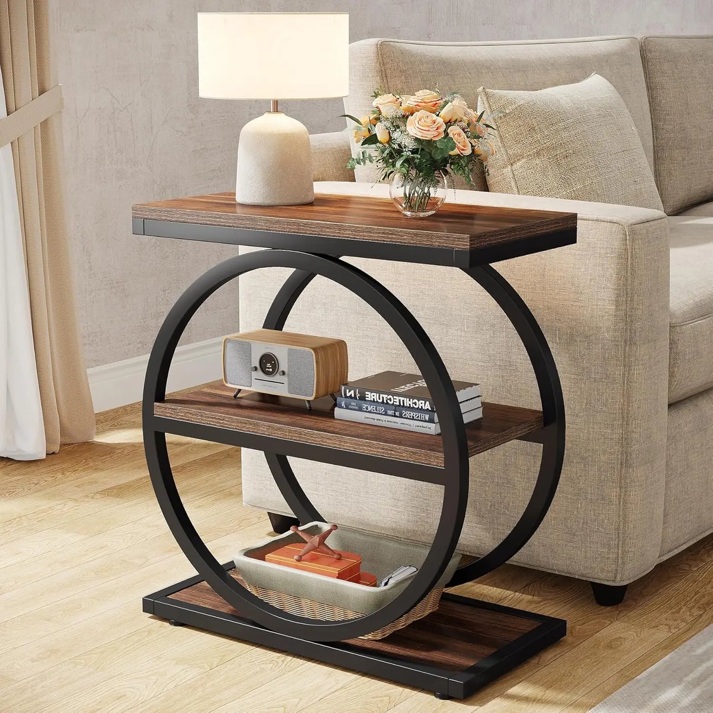 MonoWood End Table, Narrow End Table with 3 Storage Shelves, Wood Side Table with Black Metal Frames, Industrial Sofa table